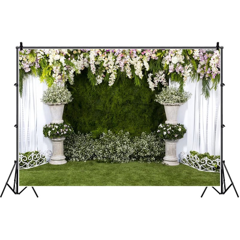Laeacco Arch Wedding Flowers Backdrop 10x6.5ft Vinyl Photography Background Stone Planter Flowers White Curtain Green Ivy Wall Decoration Outdoos Ceremony Green Grassfield Backdrop - Image 3